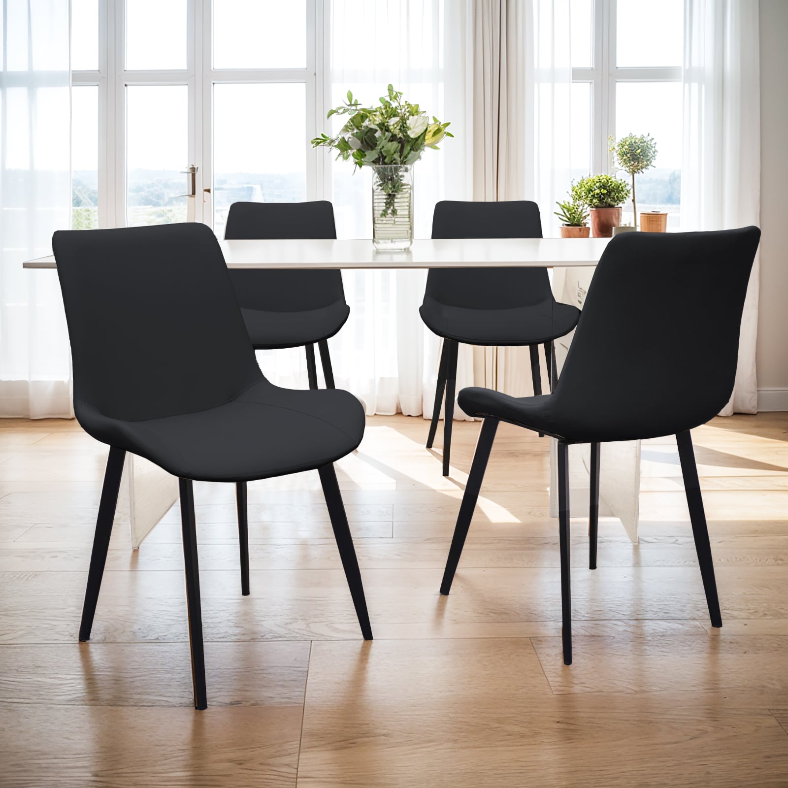 Black PU Leather Dining Chair With Metal Legs, Modern Upholstered Chair Set Of 4 For Kitchen, Restaurant, Living, Meeting Room_voghion.com